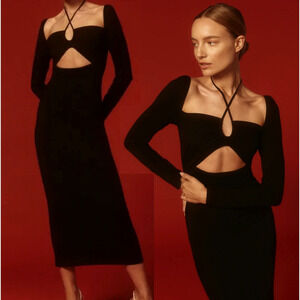 NEW! Reformation S Alexi Jersey Knit Dress $178 Cutout Lon Sleeve Bodycon Black